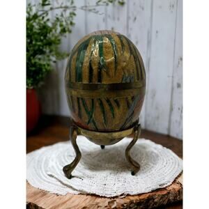 VTG Brass Cloisonne Enameled Egg 2 pc Floral Hand Painted 3 Leg Stand Included